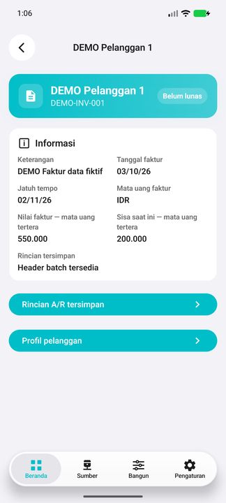 Rincian faktur pelanggan: jatuh tempo, mata uang, nilai, sisa dan dua tombol terkait — Cifru native; DEMO, seluruh data fiktif. Bukan uji koneksi ke ERP nyata.