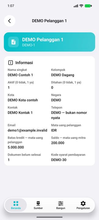 Rincian pelanggan: status, kontak dan saldo dalam mata uang mitra — Cifru native; DEMO, seluruh data fiktif. Bukan uji koneksi ke ERP nyata.