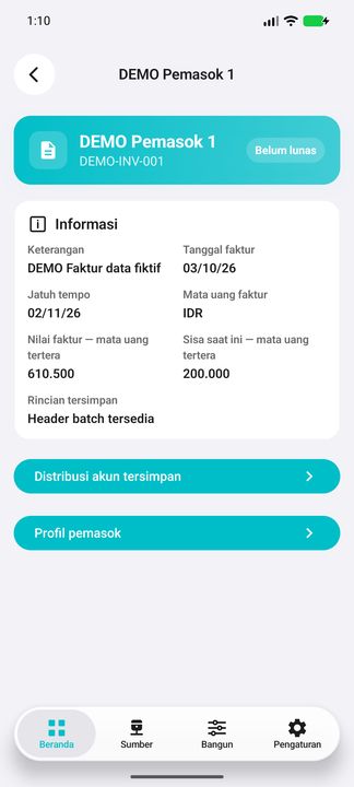 Rincian faktur pemasok: jatuh tempo, mata uang, nilai, sisa dan dua tombol terkait — Cifru native; DEMO, seluruh data fiktif. Bukan uji koneksi ke ERP nyata.