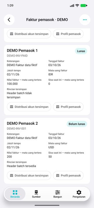 Kartu faktur pemasok: lunas dan belum lunas; valuta ditampilkan terpisah — Cifru native; DEMO, seluruh data fiktif. Bukan uji koneksi ke ERP nyata.