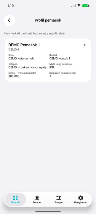 Profil pemasok yang terkait dengan faktur terpilih — Cifru native; DEMO, seluruh data fiktif. Bukan uji koneksi ke ERP nyata.