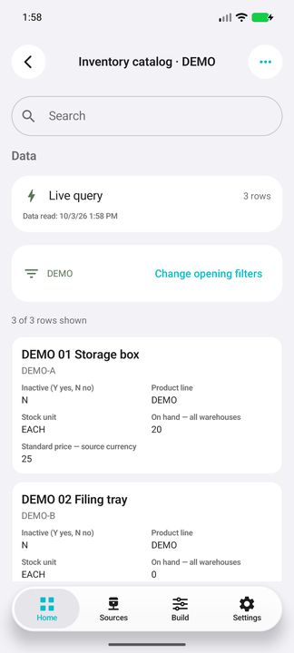 Product-line filter, complete item card, stock unit, on-hand total and reference price — Native Cifru DEMO with fictional data; not a real ERP connection test.