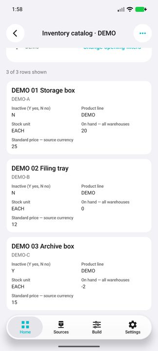 Active and inactive items, with zero and negative stock preserved — Native Cifru DEMO with fictional data; not a real ERP connection test.