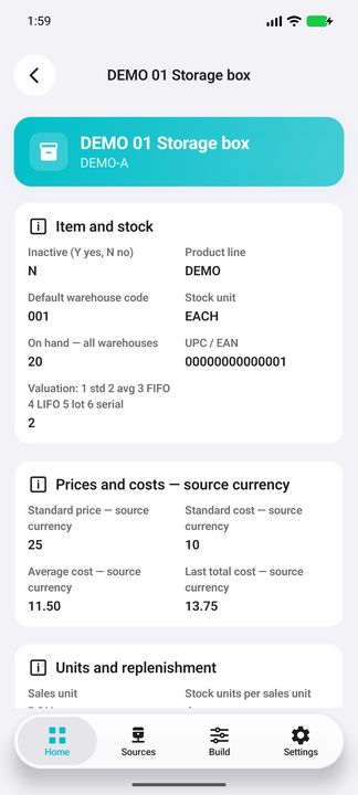 Item Details: barcode, valuation legend and distinct standard, average and last costs — Native Cifru DEMO with fictional data; not a real ERP connection test.