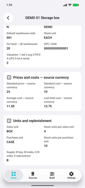 Full Details: sales/purchase units, conversion factors and supply classification — Native Cifru DEMO with fictional data; not a real ERP connection test.