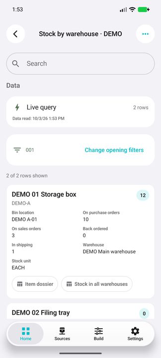 Selected warehouse, complete stock card and both related buttons — Native Cifru DEMO with fictional data; not a real ERP connection test.