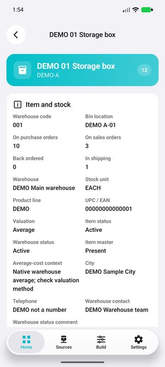 Stock Details: orders, shipping, valuation, item/warehouse status and operational context — Native Cifru DEMO with fictional data; not a real ERP connection test.