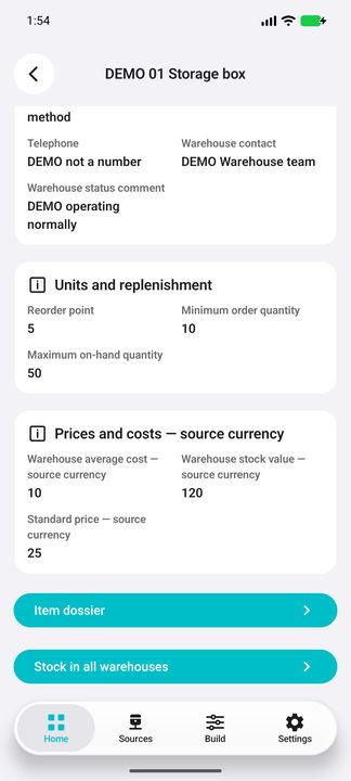 Replenishment thresholds, warehouse value/cost and both drilldowns — Native Cifru DEMO with fictional data; not a real ERP connection test.