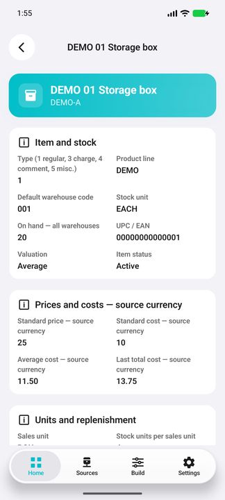 Item dossier Details with total stock and native reference prices/costs — Native Cifru DEMO with fictional data; not a real ERP connection test.