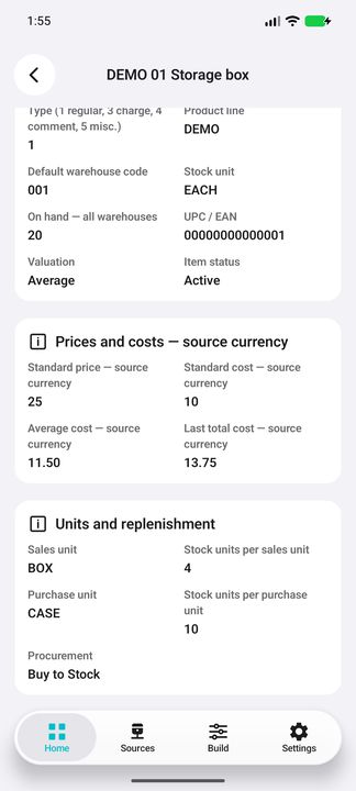 Item dossier: sales/purchase conversion factors and procurement method — Native Cifru DEMO with fictional data; not a real ERP connection test.