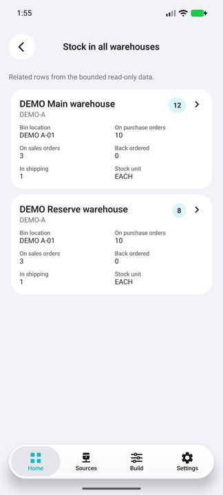 The same item in two warehouses: 12 plus 8 stock units — Native Cifru DEMO with fictional data; not a real ERP connection test.