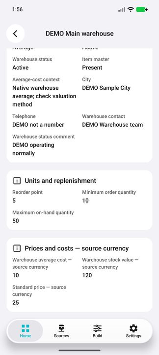 Warehouse-specific Details, reorder thresholds and native cost/value — Native Cifru DEMO with fictional data; not a real ERP connection test.