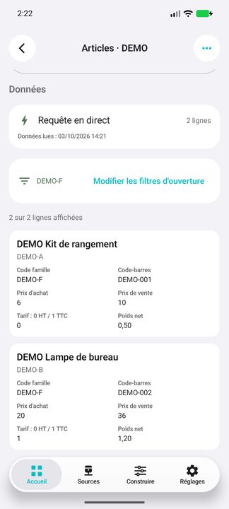 Catalogue Free : deux cartes complètes, familles, codes-barres et prix HT/TTC — Cifru natif ; données DEMO fictives, sans connexion ERP réelle.
