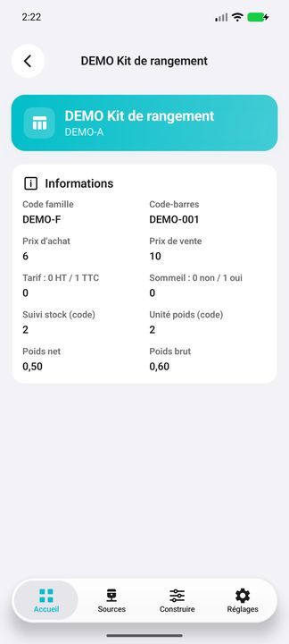 Fiche article Free : tarifs, statut, suivi et poids ; code unité 2 = kilogramme — Cifru natif ; données DEMO fictives, sans connexion ERP réelle.