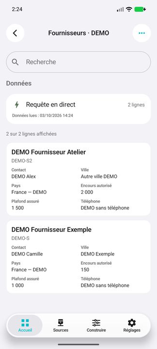 Bouton Fournisseurs : répertoire distinct avec cartes complètes — Cifru natif ; données DEMO fictives, sans connexion ERP réelle.