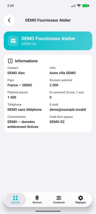 Détails fournisseur : coordonnées et paramètres de la fiche — Cifru natif ; données DEMO fictives, sans connexion ERP réelle.