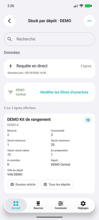 Choix du dépôt : carte de stock avec réservations, commandes, seuils et sub-boutons — Cifru natif ; données DEMO fictives, sans connexion ERP réelle.