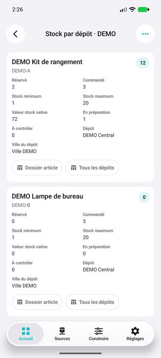Cartes complètes : article en stock et article à stock nul — Cifru natif ; données DEMO fictives, sans connexion ERP réelle.