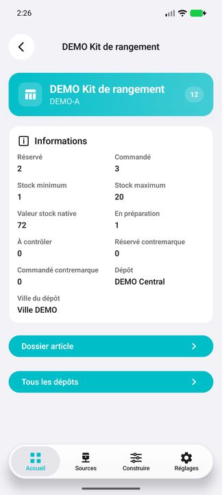 Détails stock : contremarques et accès au dossier article ou aux autres dépôts — Cifru natif ; données DEMO fictives, sans connexion ERP réelle.