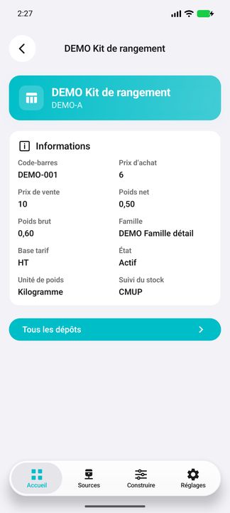 Détails article : poids, unité explicite et méthode de suivi du stock — Cifru natif ; données DEMO fictives, sans connexion ERP réelle.