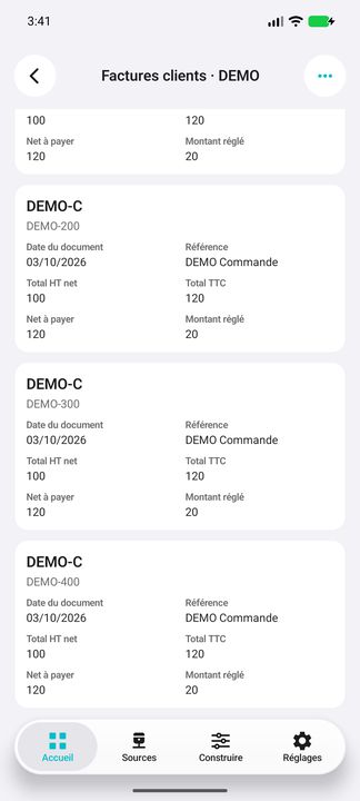 Factures clients Free : cartes complètes, code client, numéro, montants HT/TTC, net à payer et montant réglé — Cifru natif ; données DEMO fictives, sans connexion ERP réelle.