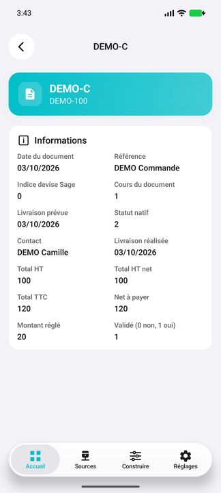 Détails du document comptabilisé ; indice de devise natif, sans conversion ni lien vers une autre liste — Cifru natif ; données DEMO fictives, sans connexion ERP réelle.