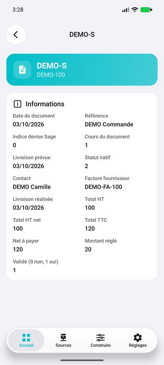 Détails de la facture : dates, référence fournisseur, contact et montants natifs ; statut 2 = accepté, pas payé — Cifru natif ; données DEMO fictives, sans connexion ERP réelle.