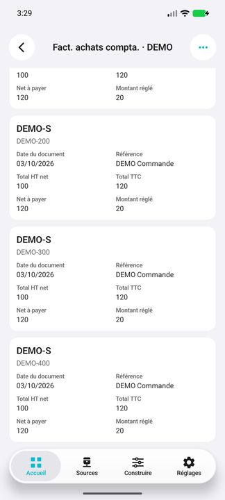 Factures achats comptabilisées : seconde liste indépendante, avec ses cartes complètes — Cifru natif ; données DEMO fictives, sans connexion ERP réelle.