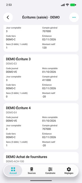 Écritures Free : cartes complètes, compte, tiers, échéance et sens débit/crédit ; montants négatifs conservés — Cifru natif ; données DEMO fictives, sans connexion ERP réelle.