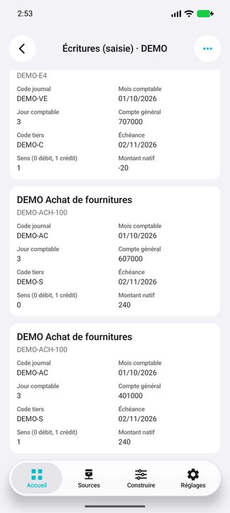 Exemple d'achat : débit du compte de charges et crédit du compte fournisseur, sans total agrégé sur Free — Cifru natif ; données DEMO fictives, sans connexion ERP réelle.