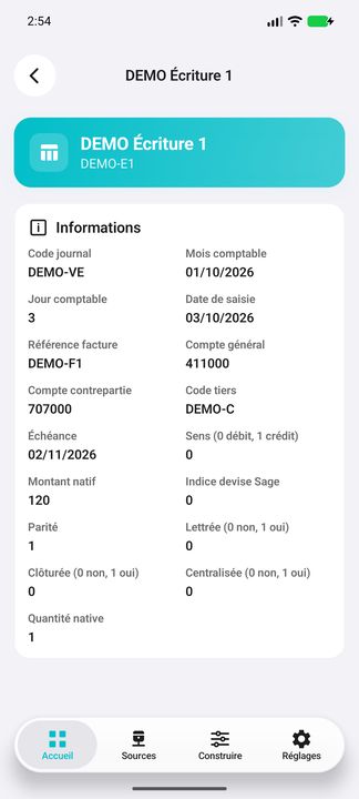 Détails de l'écriture : date de saisie distincte du mois et du jour comptables, contrepartie, devise et lettrage — Cifru natif ; données DEMO fictives, sans connexion ERP réelle.