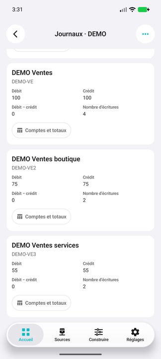 Journaux sur la période comptable : débits, crédits, différence et nombre d'écritures, avec accès aux comptes — Cifru natif ; données DEMO fictives, sans connexion ERP réelle.