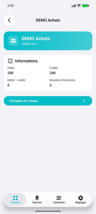 Détails du journal d'achats et total de la période, avec le bouton Comptes et totaux — Cifru natif ; données DEMO fictives, sans connexion ERP réelle.