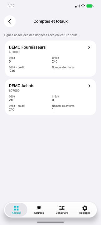 Comptes du journal choisi : charges et fournisseurs, débits et crédits séparés — Cifru natif ; données DEMO fictives, sans connexion ERP réelle.