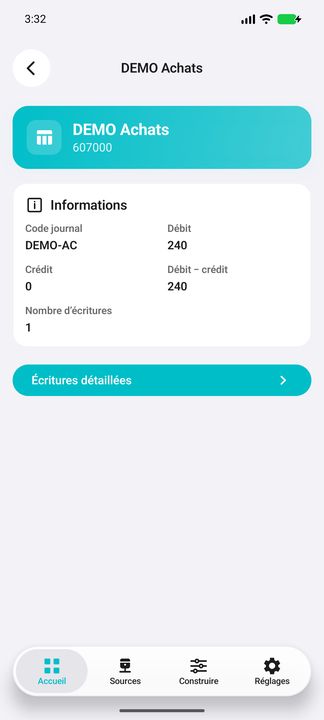 Détails du compte de charges dans ce journal et accès à ses écritures — Cifru natif ; données DEMO fictives, sans connexion ERP réelle.