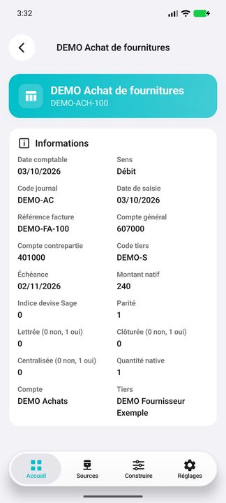 Détails complets de l'écriture : date comptable et date de saisie distinctes, contrepartie, devise et lettrage — Cifru natif ; données DEMO fictives, sans connexion ERP réelle.