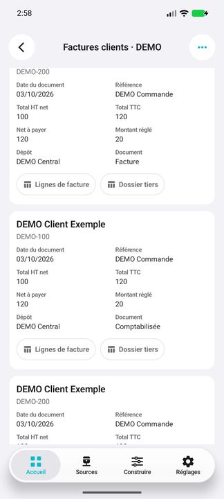 Factures clients : carte complète, montants natifs, dépôt et distinction facture/comptabilisée — Cifru natif ; données DEMO fictives, sans connexion ERP réelle.