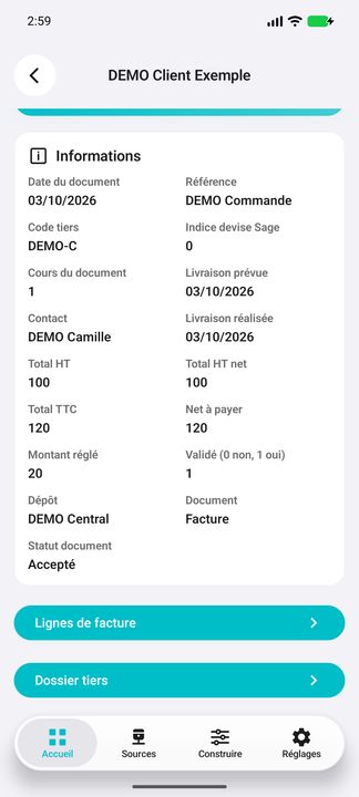 Détails de facture et boutons vers les lignes et le dossier client ; accepté ne signifie pas payé — Cifru natif ; données DEMO fictives, sans connexion ERP réelle.