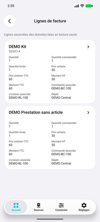 Lignes liées au type et au numéro de facture : article et prestation sans référence article — Cifru natif ; données DEMO fictives, sans connexion ERP réelle.