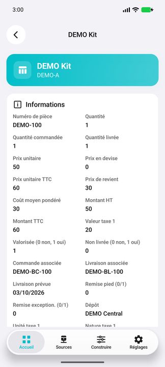 Détails de ligne : quantités, prix, coûts, montants HT/TTC et documents associés — Cifru natif ; données DEMO fictives, sans connexion ERP réelle.