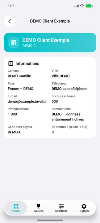 Dossier client : coordonnées fictives et plafond d'encours autorisé, pas solde dû — Cifru natif ; données DEMO fictives, sans connexion ERP réelle.