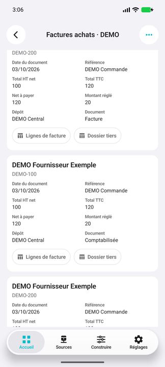 Factures fournisseurs : carte complète, montants natifs, dépôt et distinction facture/comptabilisée — Cifru natif ; données DEMO fictives, sans connexion ERP réelle.