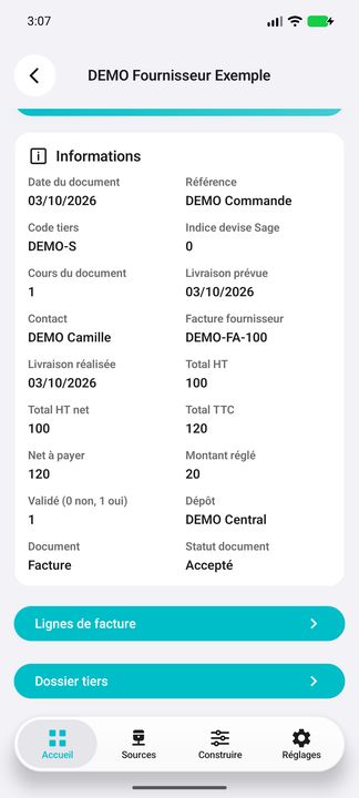 Détails de facture fournisseur et boutons vers les lignes et le dossier tiers ; accepté ne signifie pas payé — Cifru natif ; données DEMO fictives, sans connexion ERP réelle.