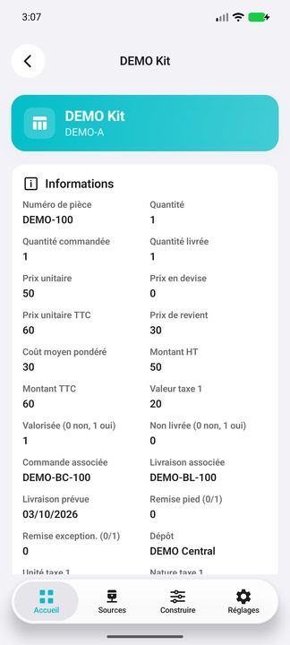 Détails de ligne : quantités, prix, coûts, montants HT/TTC et documents associés — Cifru natif ; données DEMO fictives, sans connexion ERP réelle.