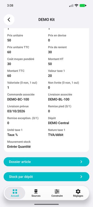 Suite de la ligne : unité et nature de taxe, mouvement de stock et accès à l'article ou aux dépôts — Cifru natif ; données DEMO fictives, sans connexion ERP réelle.