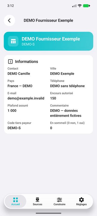 Dossier fournisseur : coordonnées fictives et paramètres de plafond, sans les confondre avec le solde dû — Cifru natif ; données DEMO fictives, sans connexion ERP réelle.