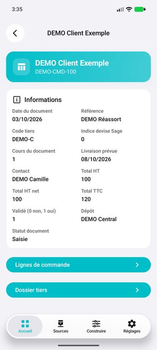 Détails de commande : contact, devise native, statut et deux sous-boutons ; livraison prévue, non réalisée — Cifru natif ; données DEMO fictives, sans connexion ERP réelle.
