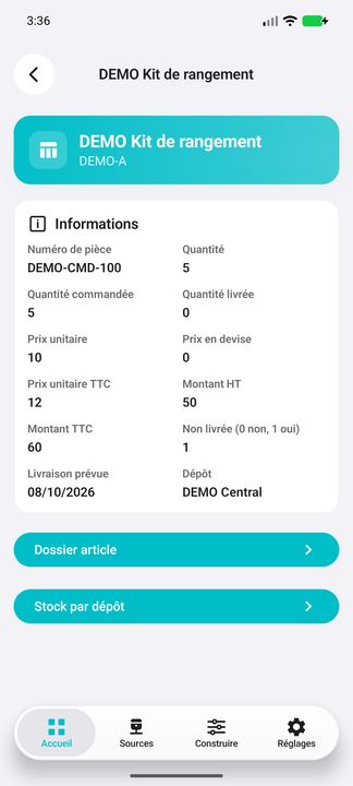 Détails de ligne et accès au dossier article et au stock par dépôt — Cifru natif ; données DEMO fictives, sans connexion ERP réelle.