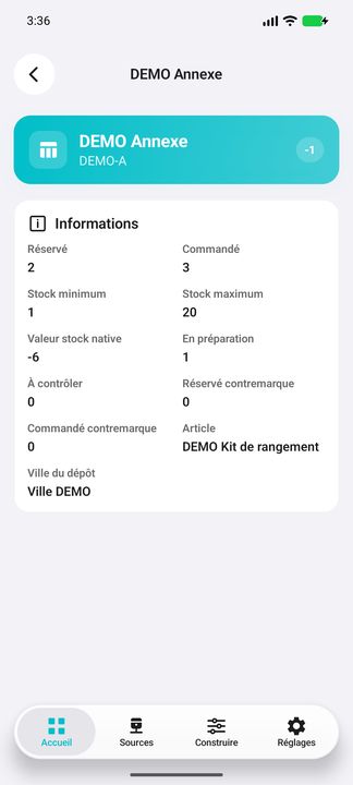 Détails du dépôt : réservations, seuils, quantités et valeur de stock native — Cifru natif ; données DEMO fictives, sans connexion ERP réelle.