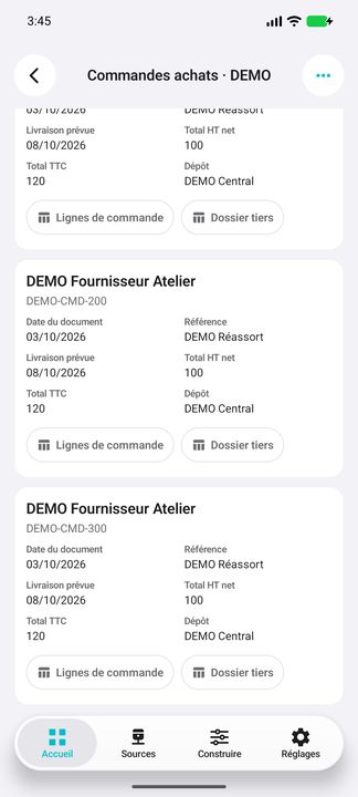 Commandes fournisseurs : cartes complètes, dates prévues, montants et accès aux lignes ou au tiers — Cifru natif ; données DEMO fictives, sans connexion ERP réelle.